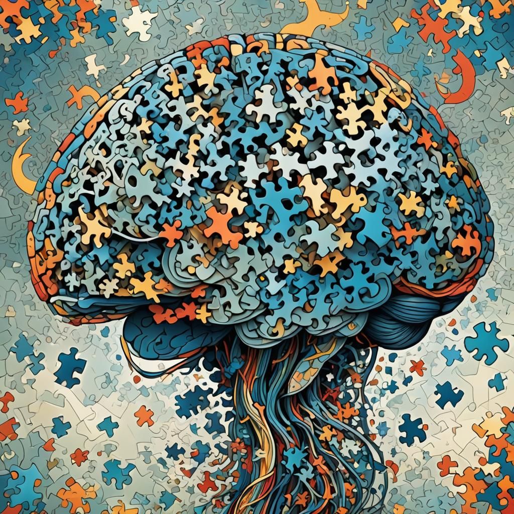 Posterized Brain with Flying Jigsaw Pieces