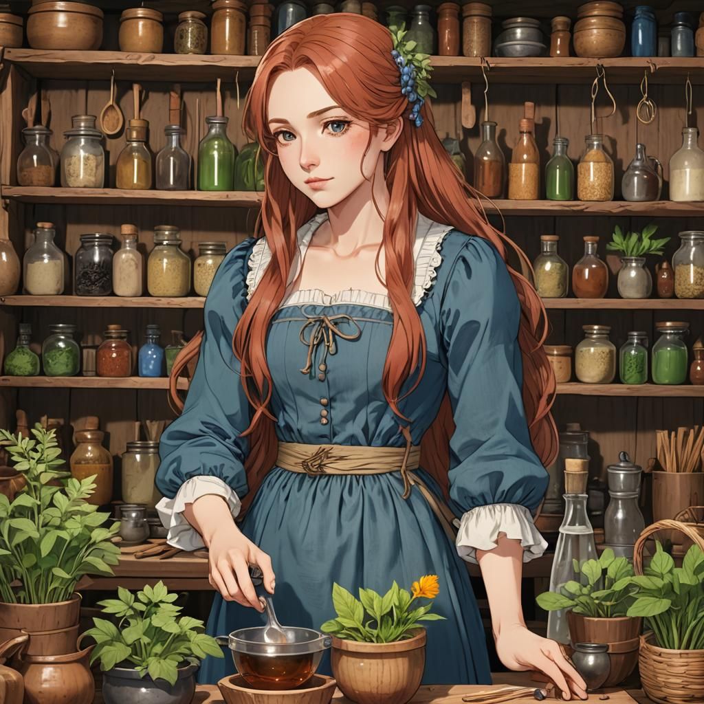 Anime Herbalist in 18th Century Kitchen