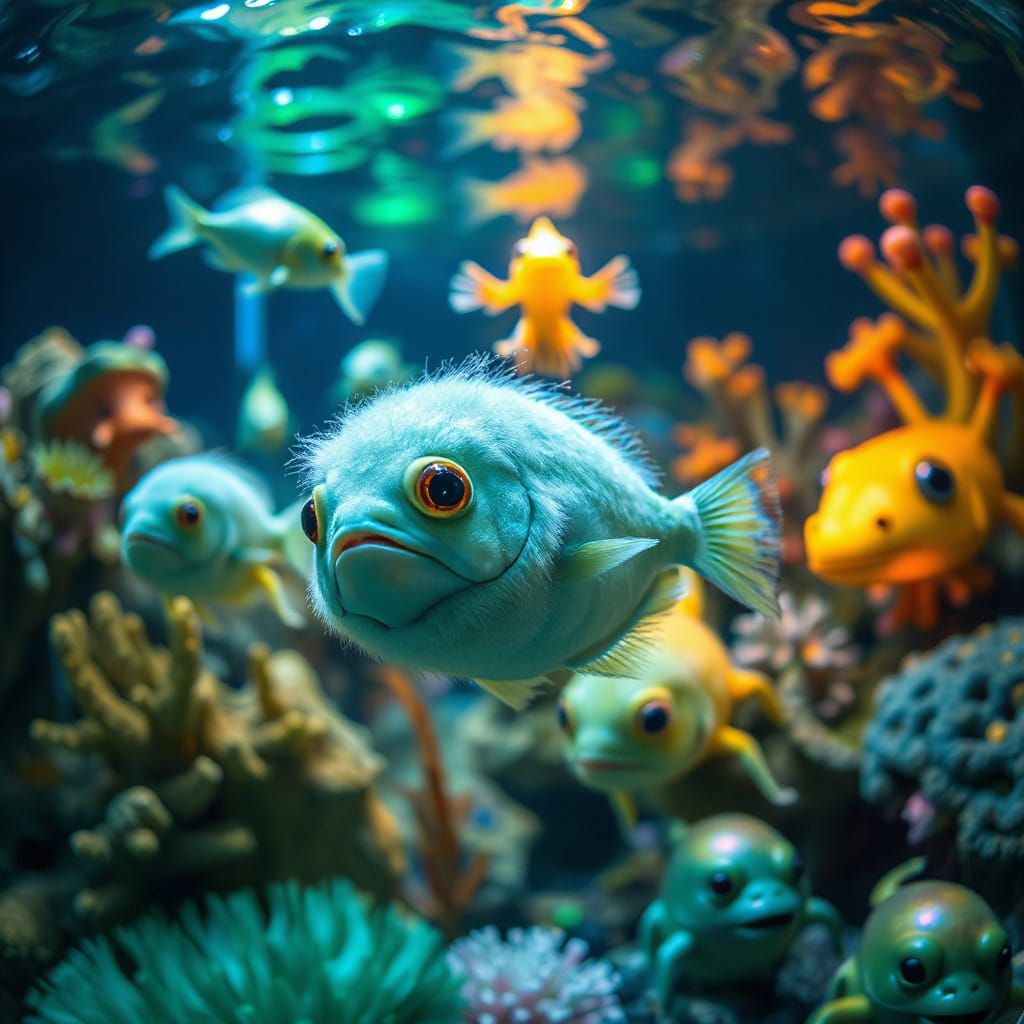 Green Furry Fish in Surreal Glowing Aquarium