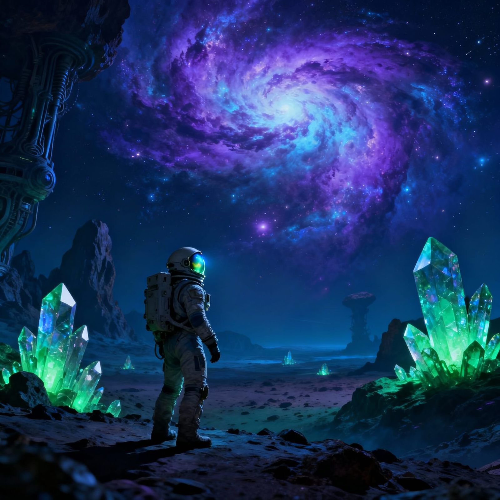 Astronaut Gazes at Alien Nebula in Surreal Sci-Fi Art