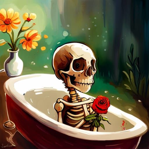 Cute Skeleton in Floral Bath: Fantasy Illustration