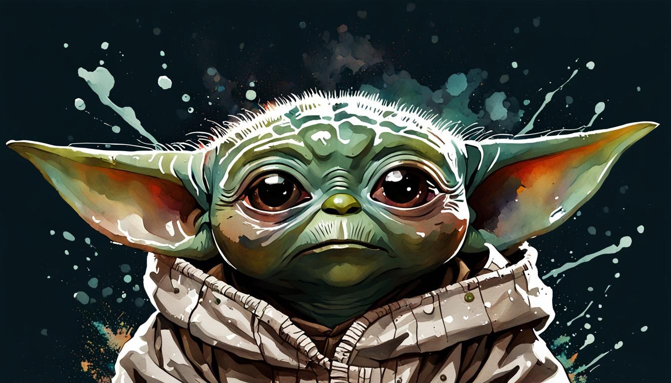 Baby Yoda in Splashy Watercolour Style