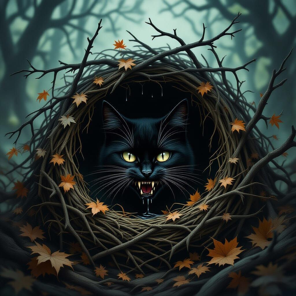 Ominous Black Cat in Sinister Nest