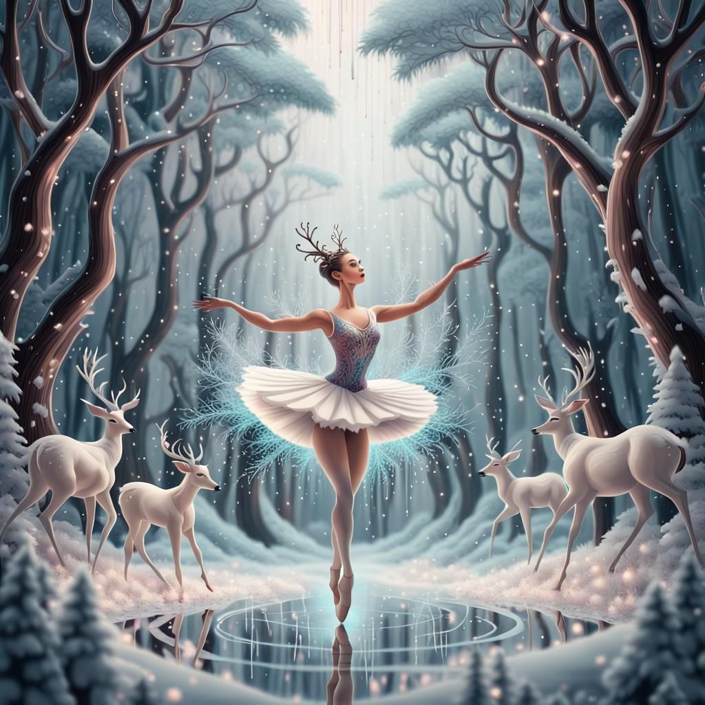 Ballerina's Joyous Celebration in Winter Forest