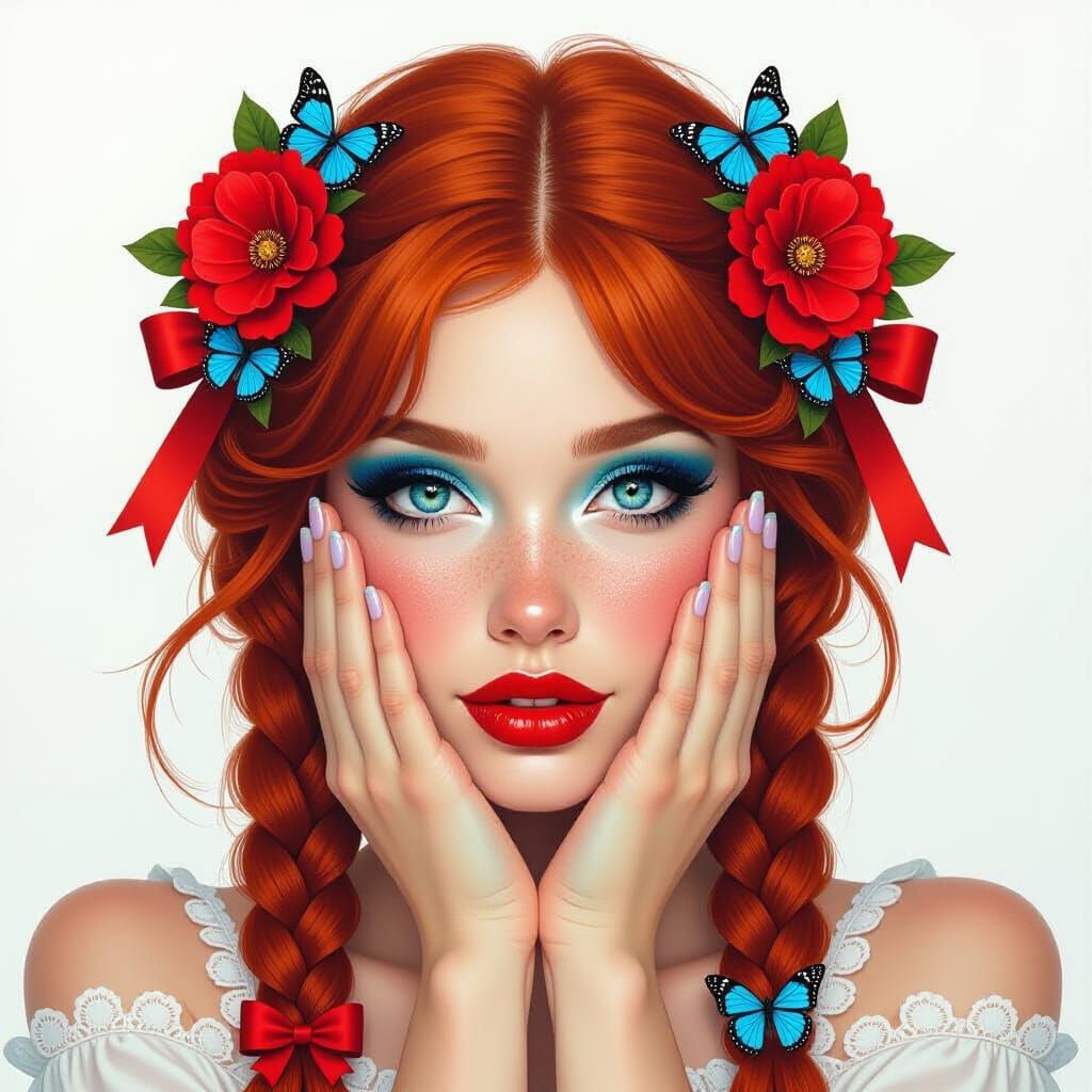 Astonished Young Woman with Red Hair and Flowers, Oil Painti...