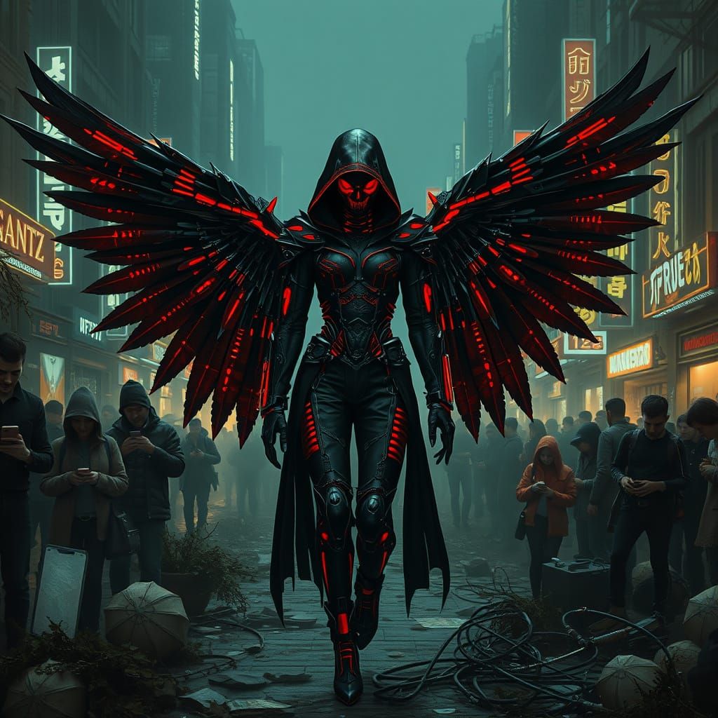 Cyberpunk Angel of Death in a Ruined Cityscape