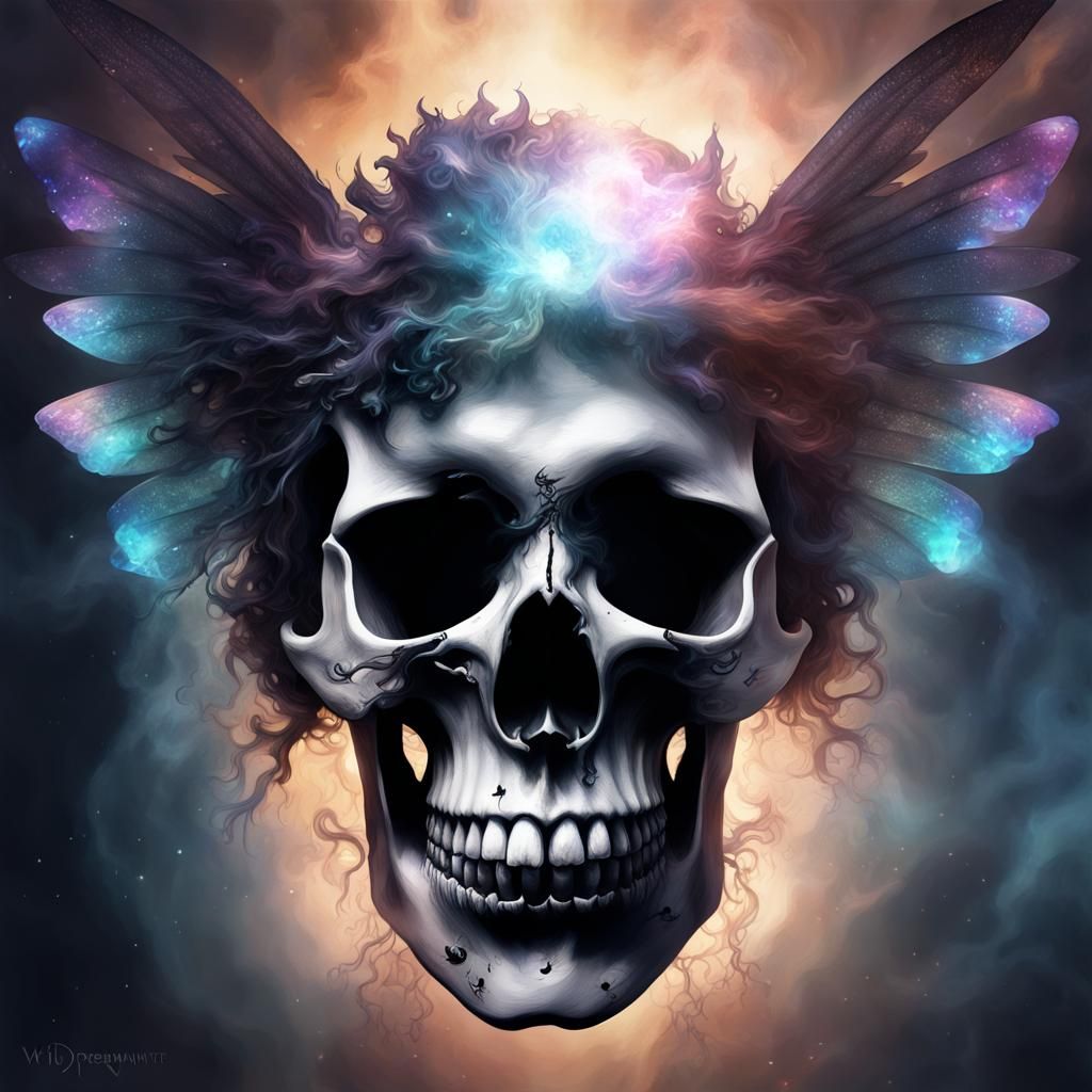 Surreal Skull Portrait with Fairy Wings in Oil Slick Ink