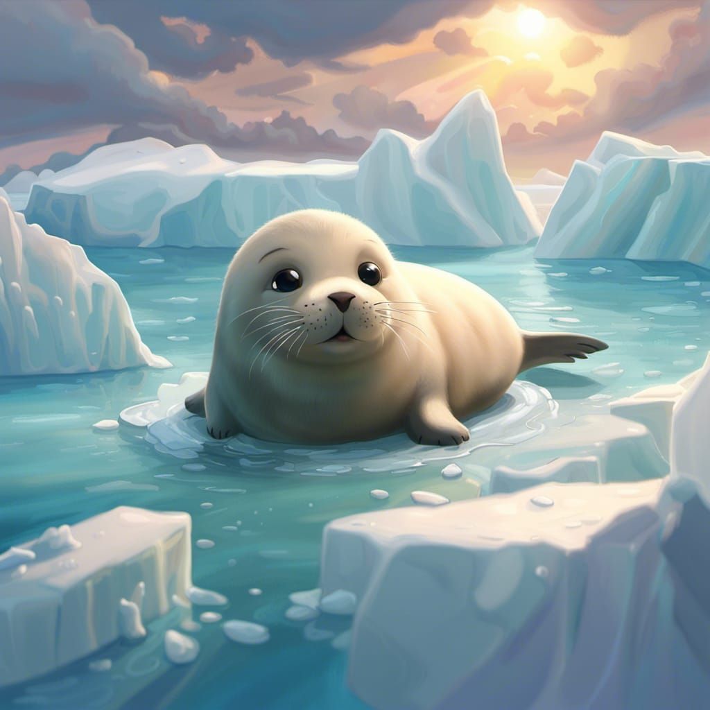Adorable Seal on Iceberg, Ghibli Style Oil Painting