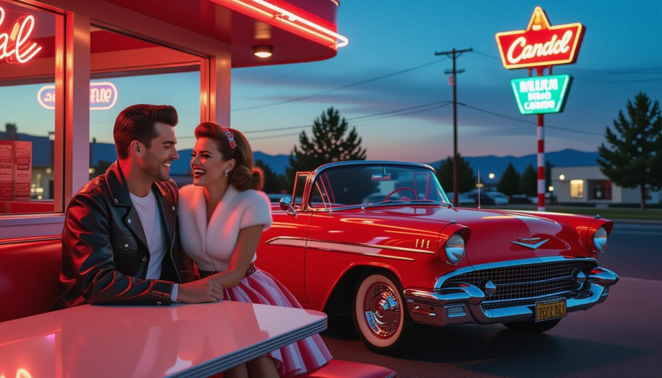 1950s Diner Scene with a Red Bel Air, Hyperrealistic Style
