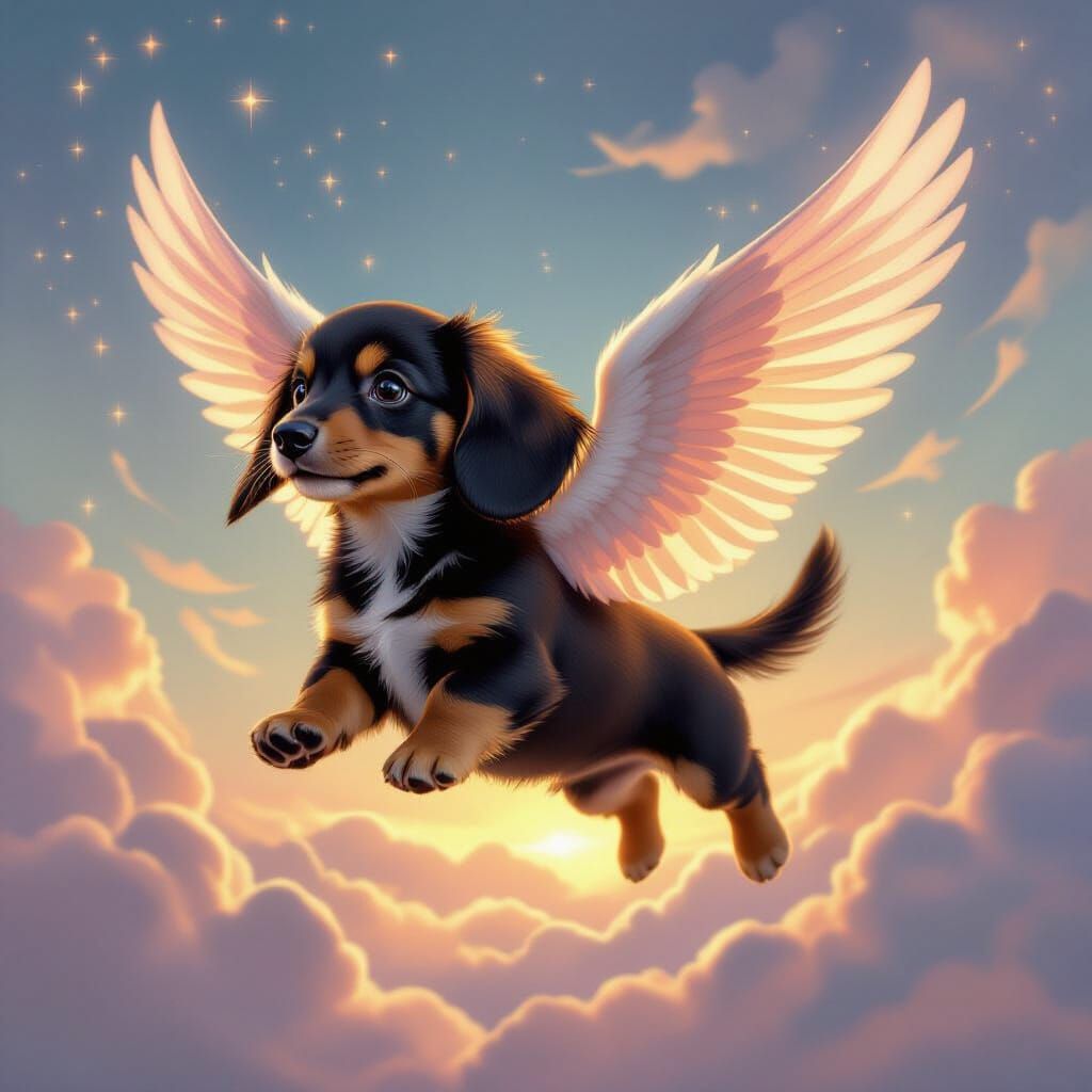 Winged Dachshund Puppy Soars Through Dreamy Sky