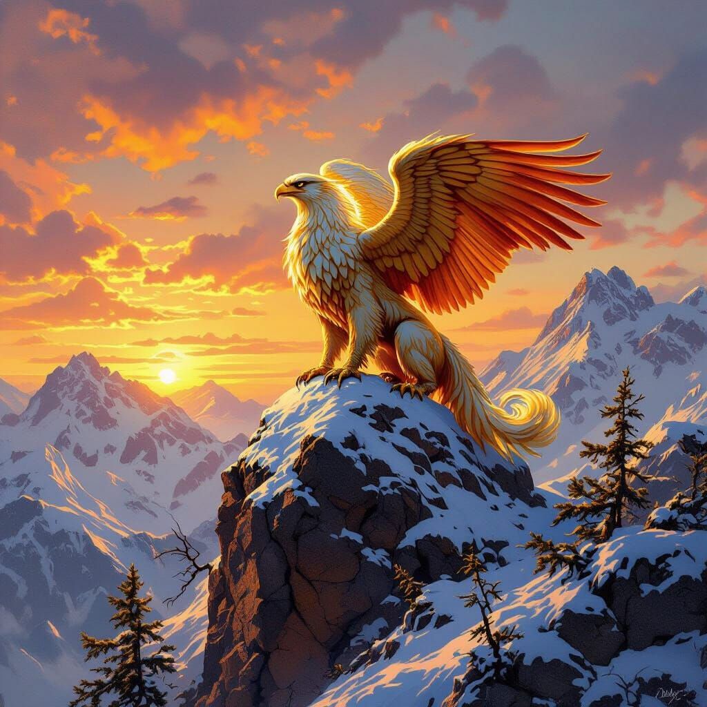Griffin Perched on Mountain Peak in Oil Painting Style
