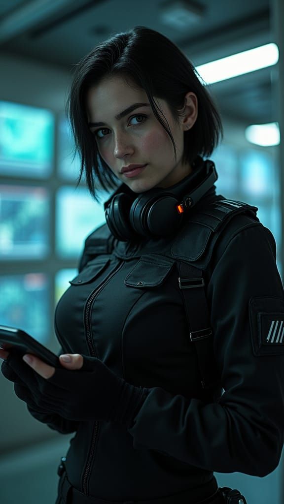 Hyperrealistic Portrait: Anna Grimsdottir in Command Center