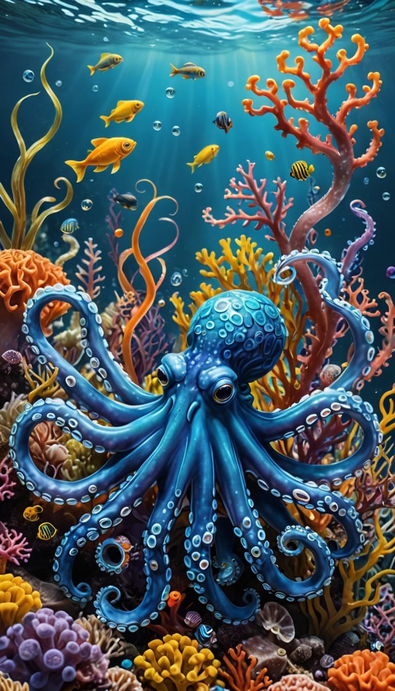 Glass Octopus with Colorful Tentacles in Blue Water