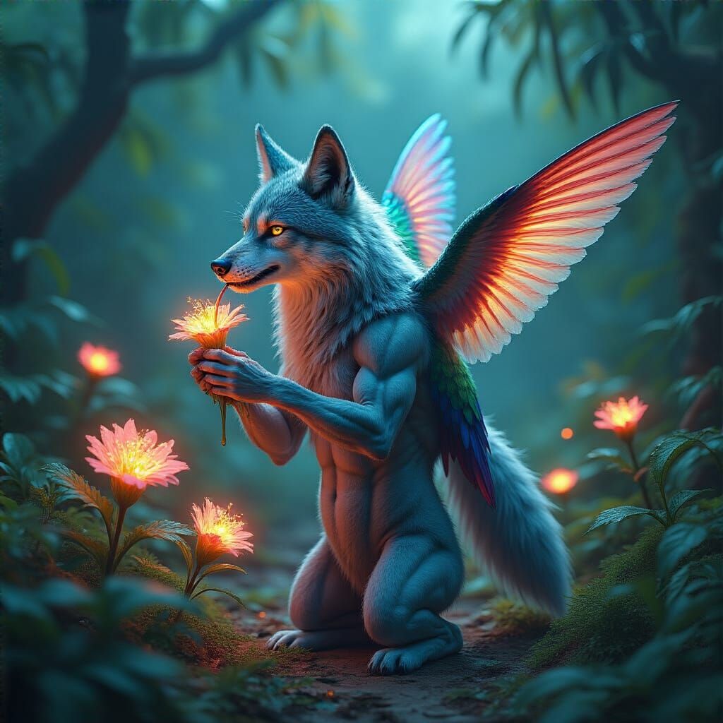 Wolf-Hummingbird Hybrid in Bioluminescent Jungle