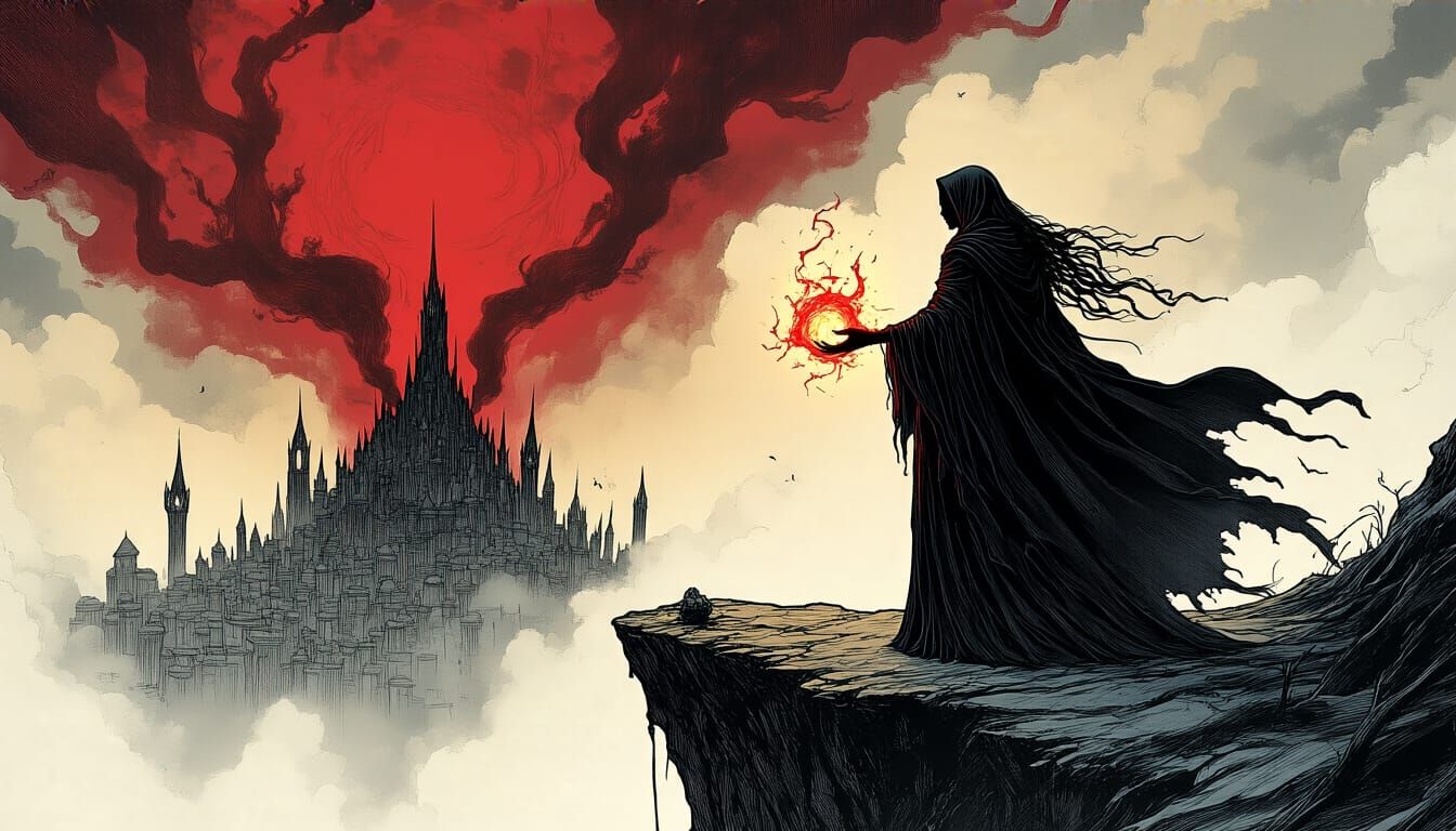 Sorceress on Precipice Casting Energy Ward Over Foggy City