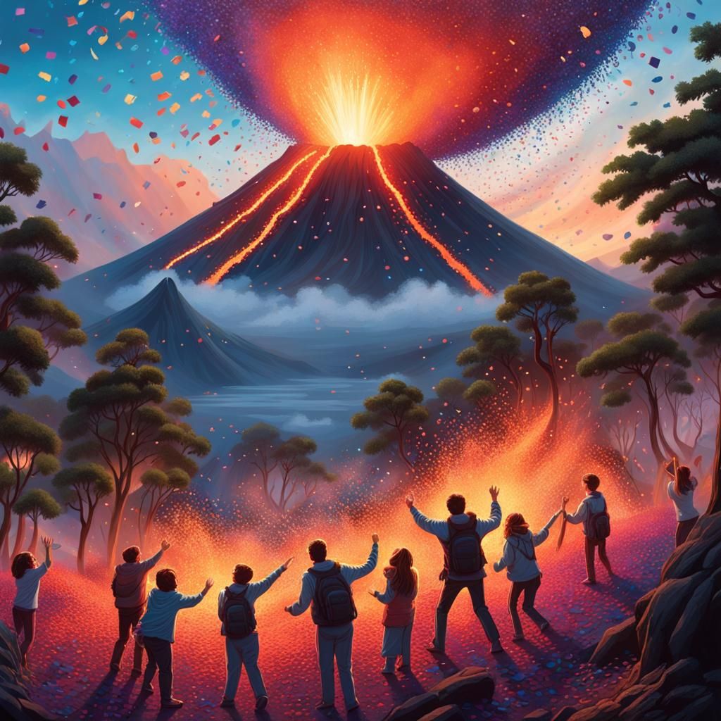 Volcano Confetti Eruption in Hyperrealistic Style