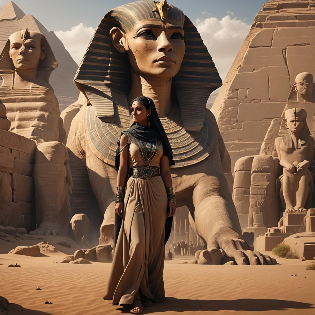 Egyptian Woman Confronts the Sphinx: Detailed Matte Painting