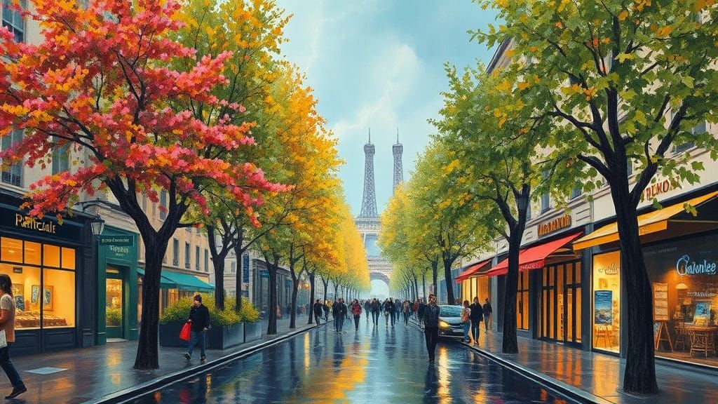 Parisian Shopping Street in Rainy Season, Impressionistic St...