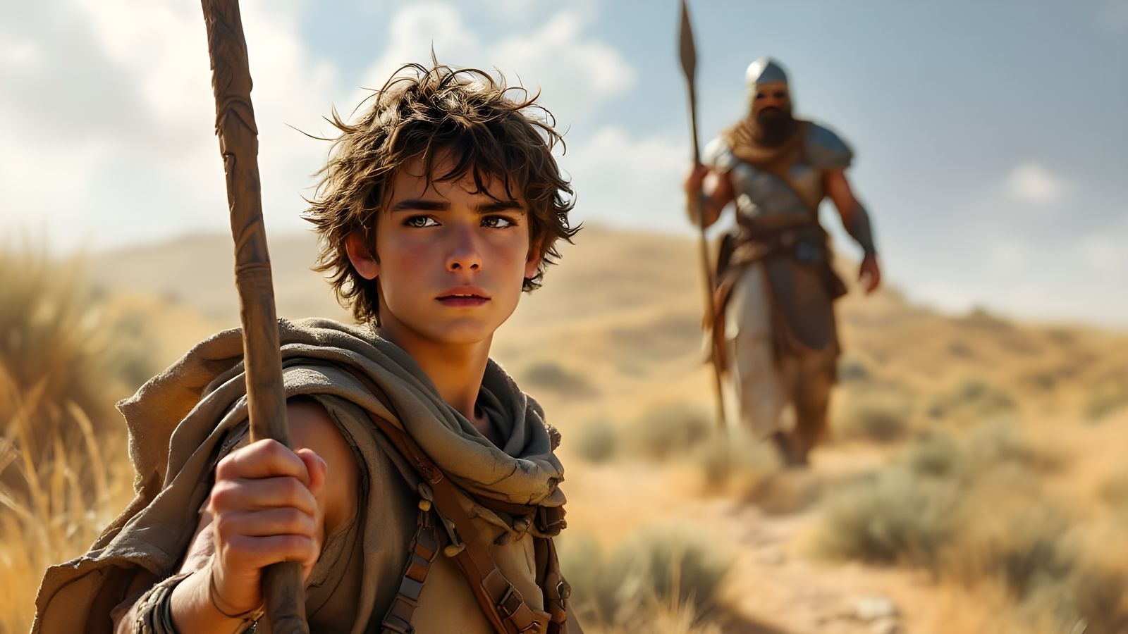 Determined Young Shepherd Boy Confronts Giant Soldier in Anc...