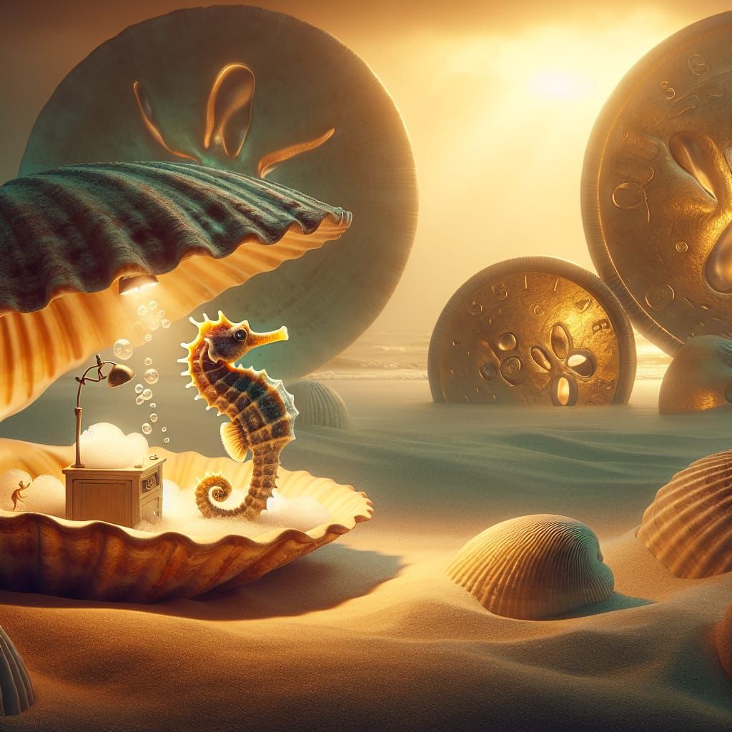 Surreal Seahorse Bubble Bath in Dreamlike Scene
