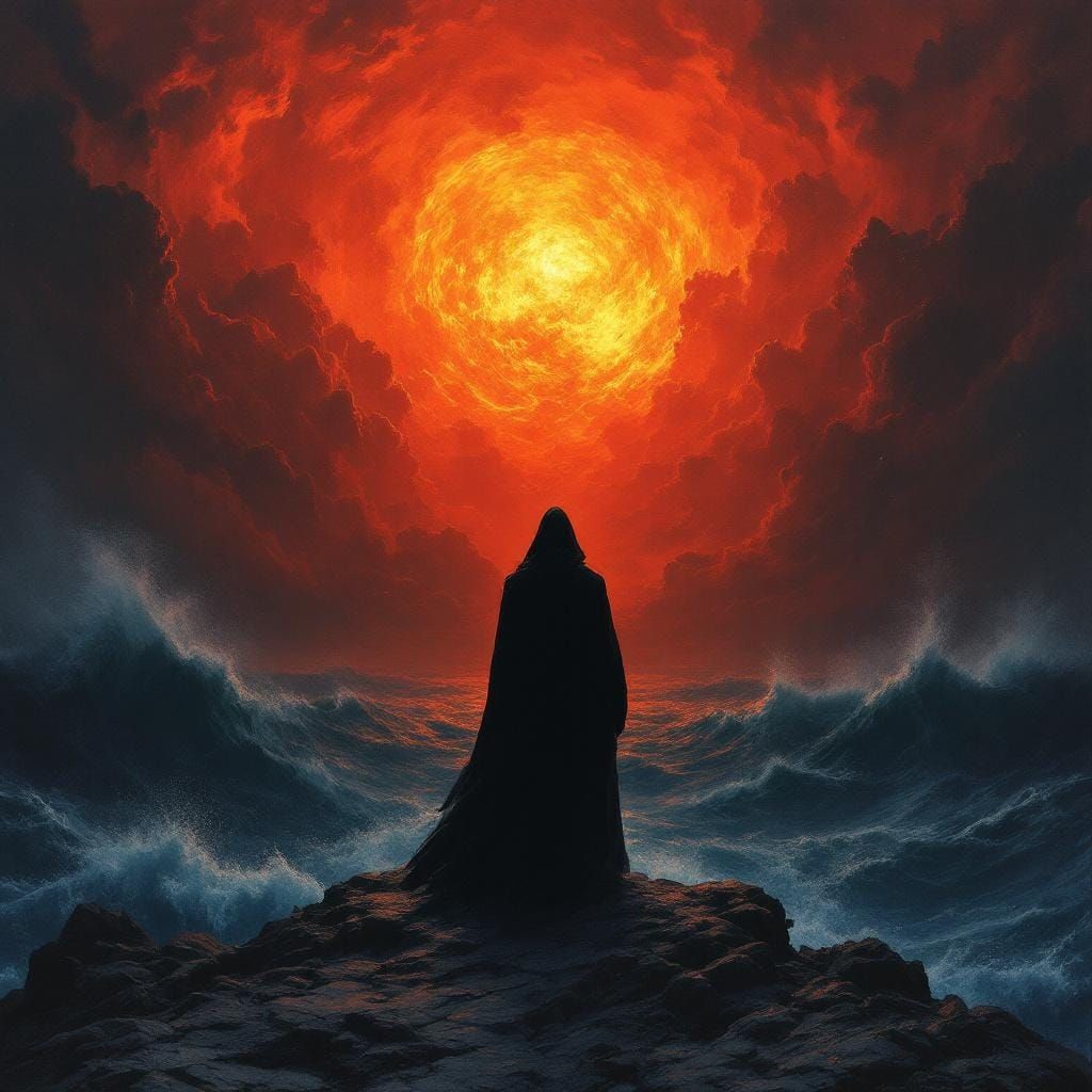 Ominous Silhouette Overlooking Fiery Sea in Horror Style
