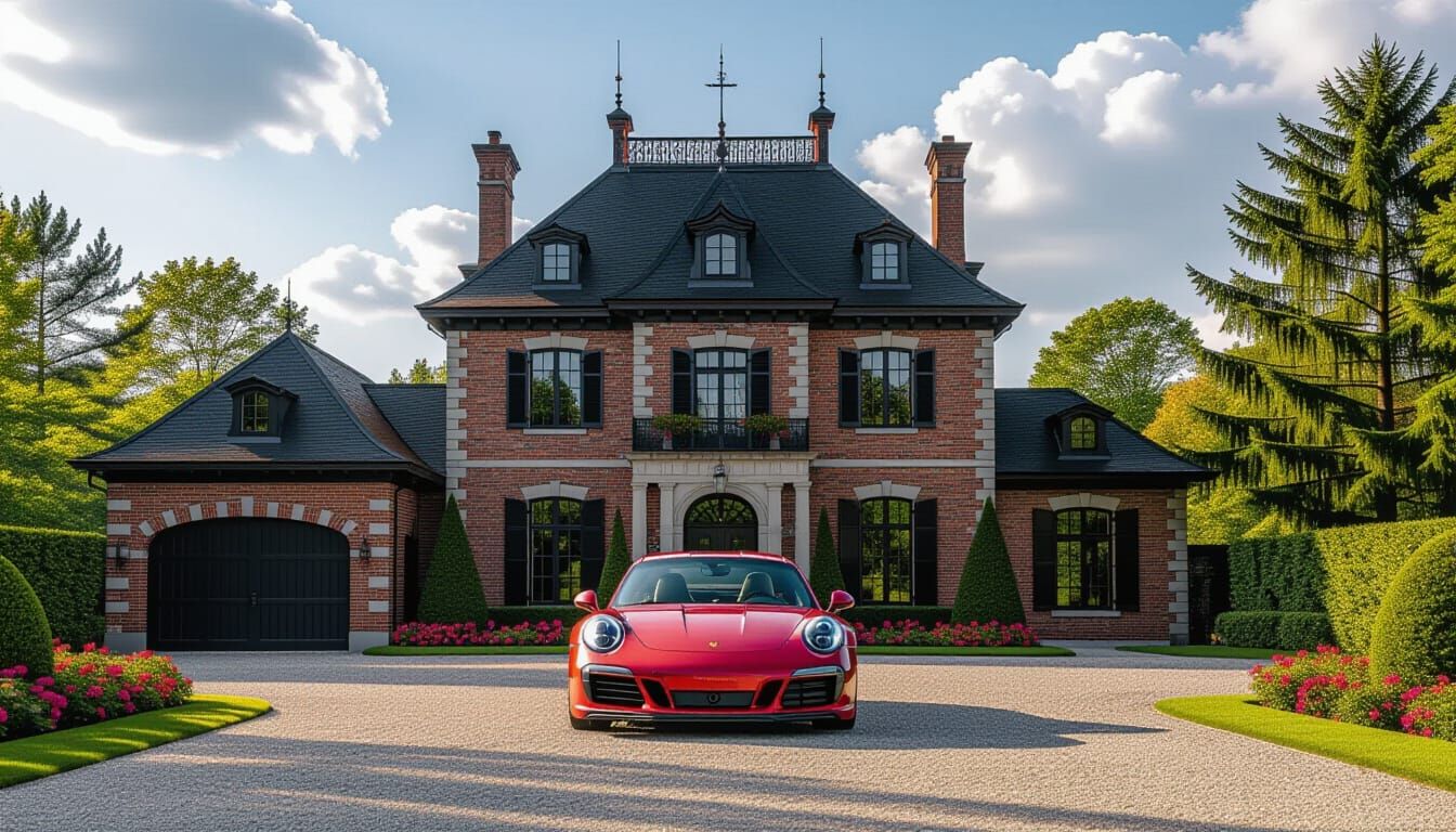 Victorian Chateau With Red Porsche in Golden Hour Light