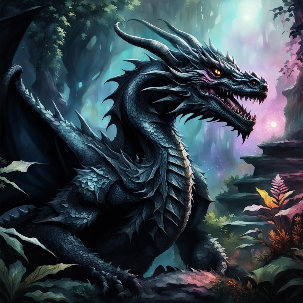 Sad Black Dragon in Dark Paradise: Digital Watercolor
