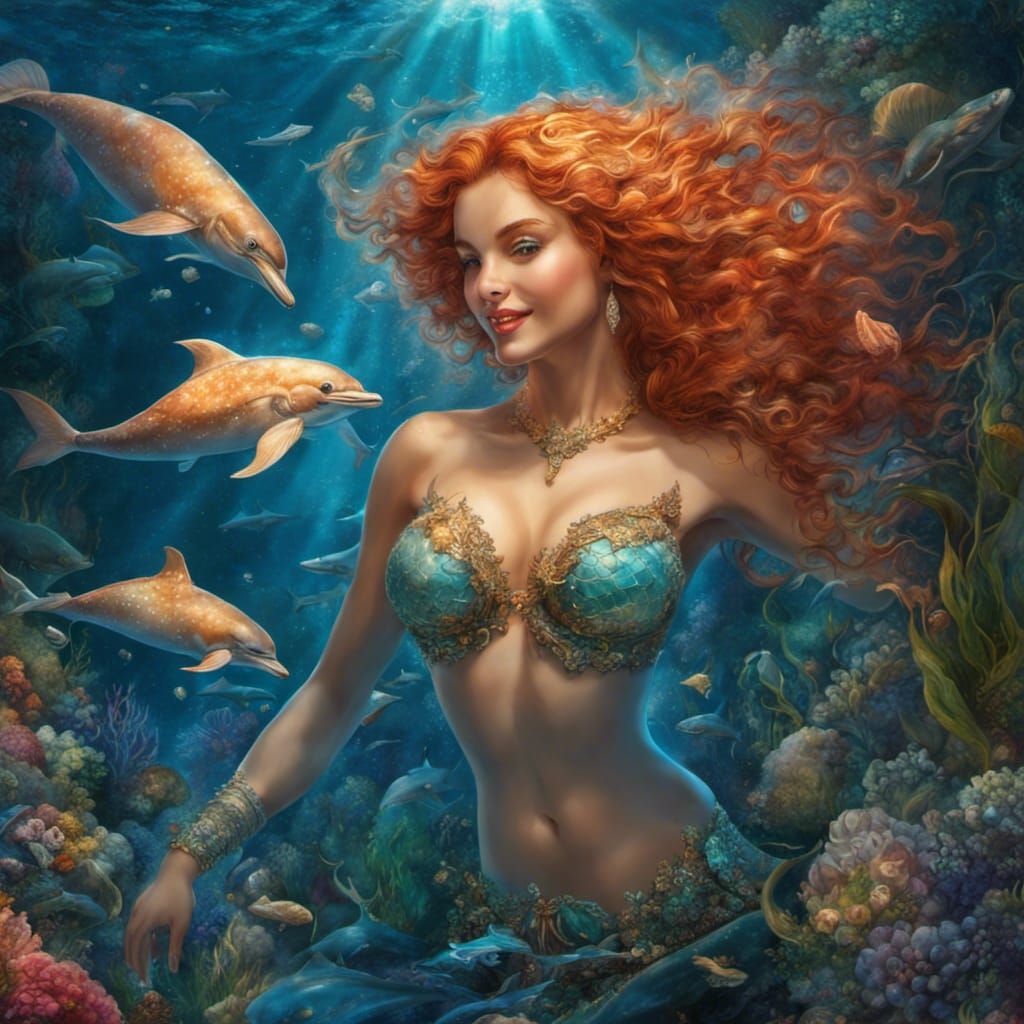 Radiant Redhead Mermaid with Dolphins in Fantasy Art