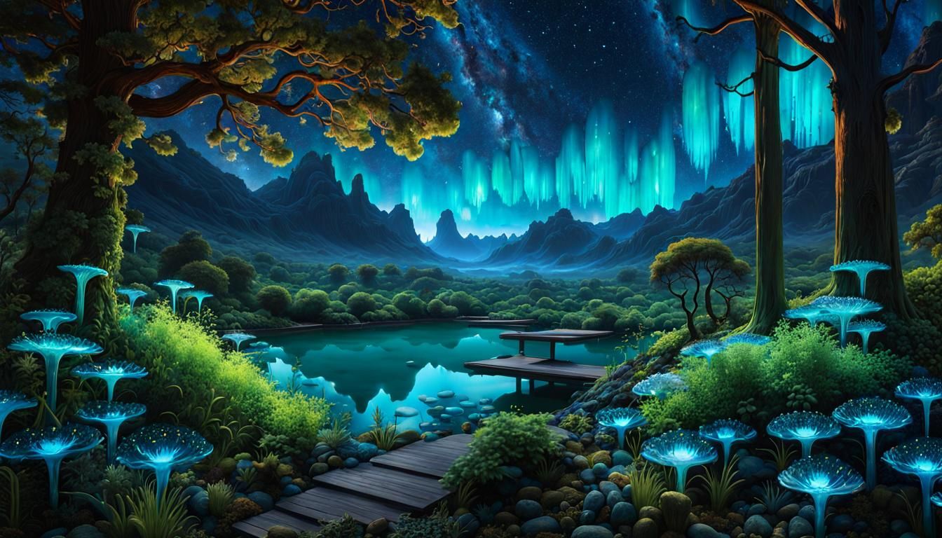 Bioluminescent Garden Under Cosmic Sky: Psychedelic Art