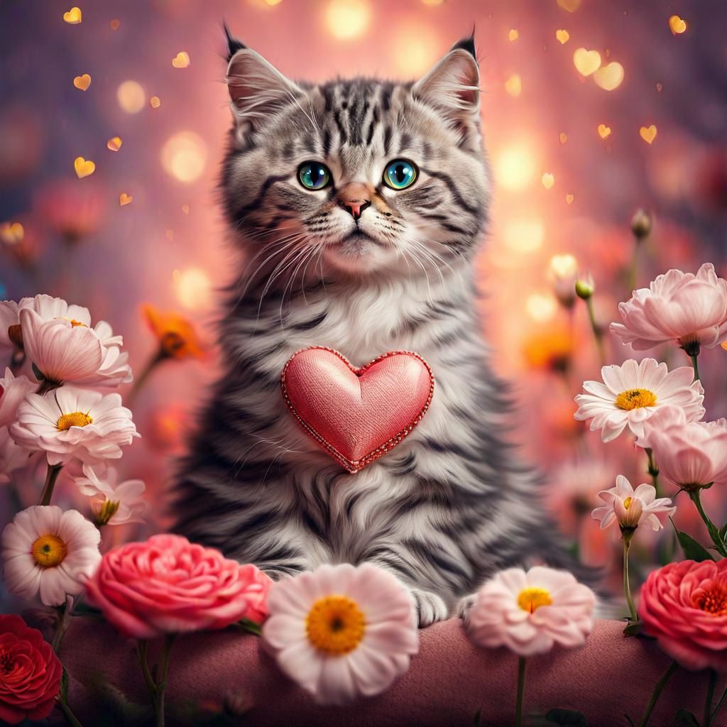 Cat Surrounded by Flowers in Surreal Style
