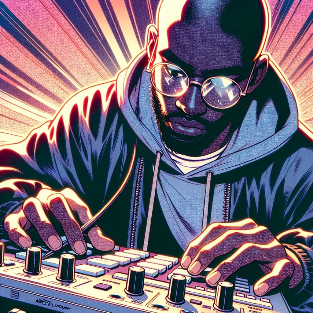 Hip Hop Producer Creating Beats in Manga Style