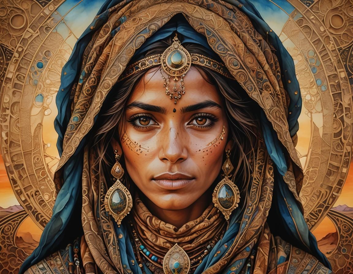 Enchanting Bedouin Woman Portrait in Alcohol Ink Style