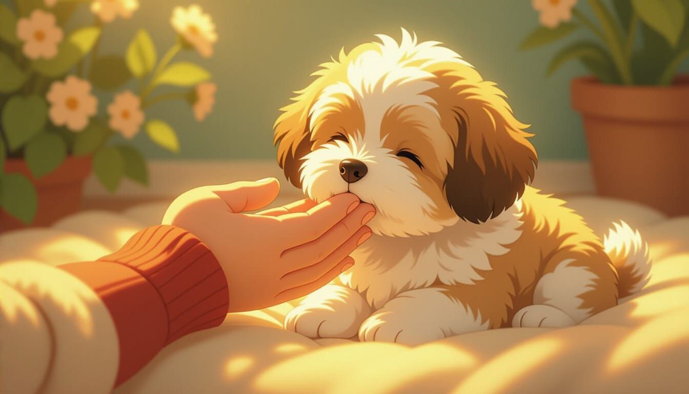 Gentle Hand Nuzzles Adorable Zuchon Dog