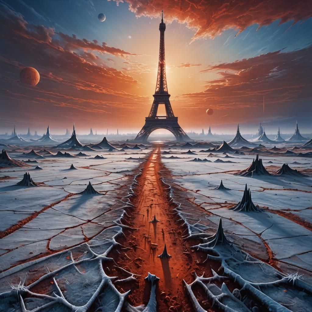 Icy Eiffel Tower on Mars: Dystopian Concept Art