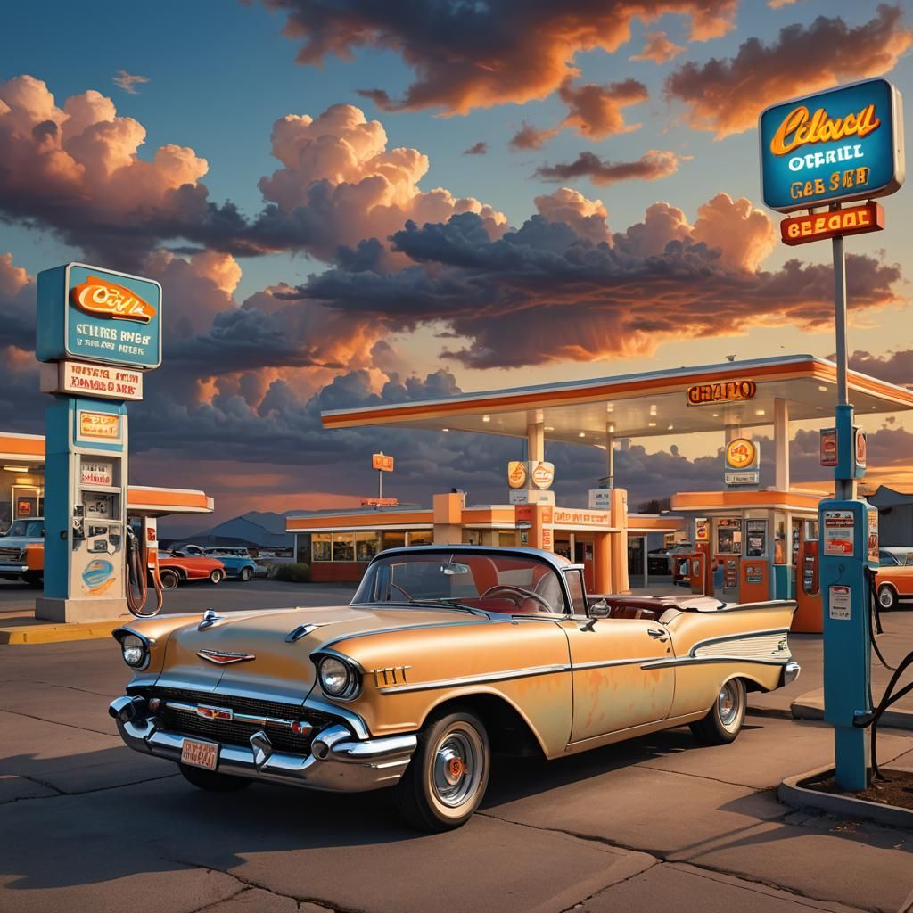 1957 Chevy at Gas Station in Sunset Hues