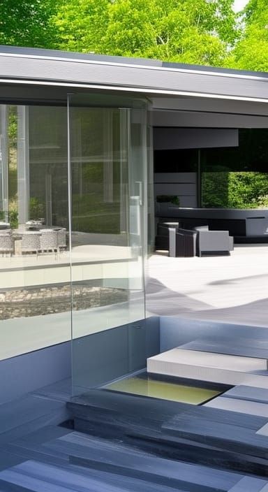 Modern Veranda with Pond and Stone Barbecue