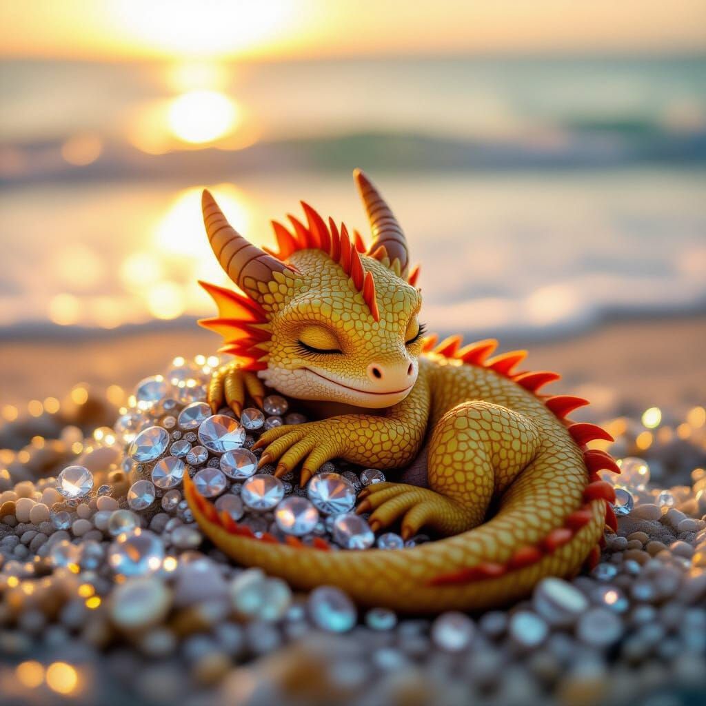 Sleeping Baby Dragon on Gem-Strewn Beach