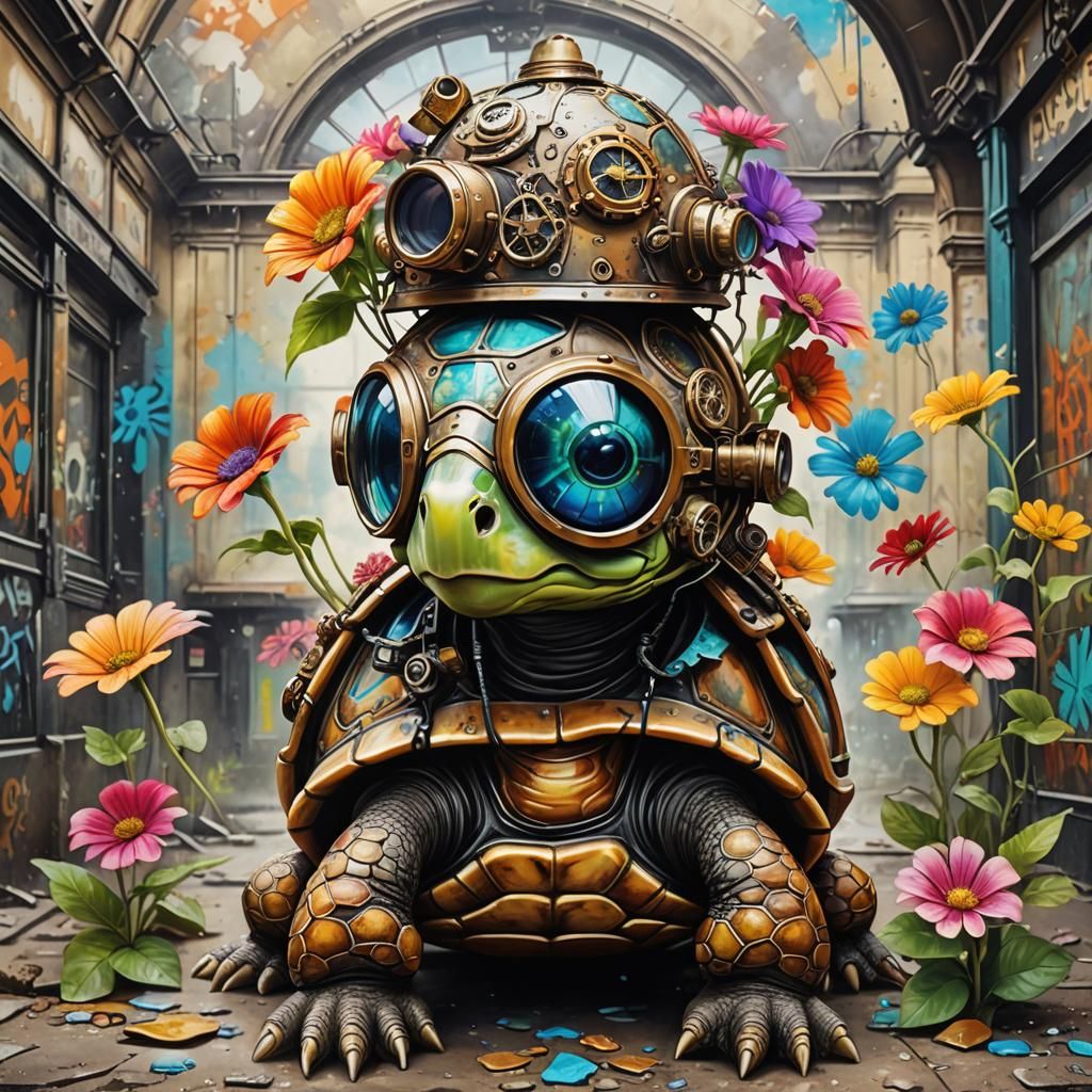 Steampunk Turtle in Paris Metro: Photorealistic Image