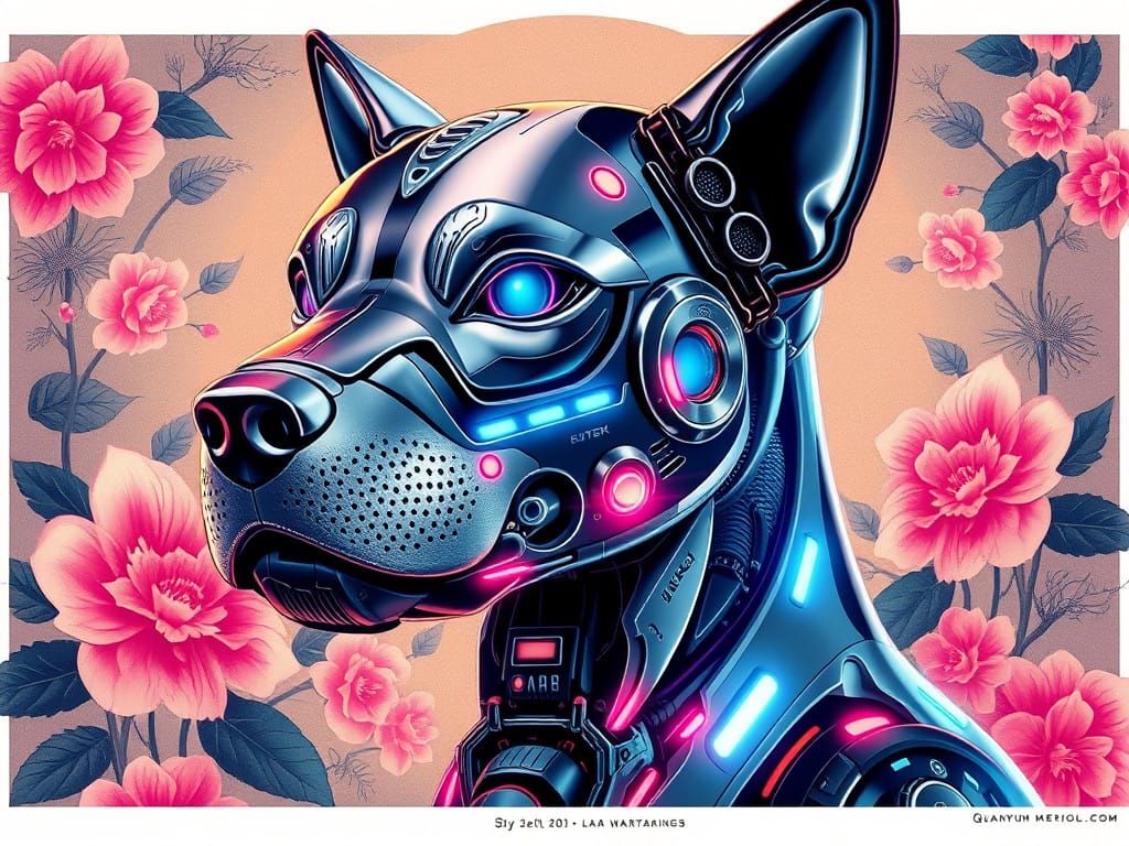 Cyberpunk Bionic Dog in Futuristic Floral Landscape