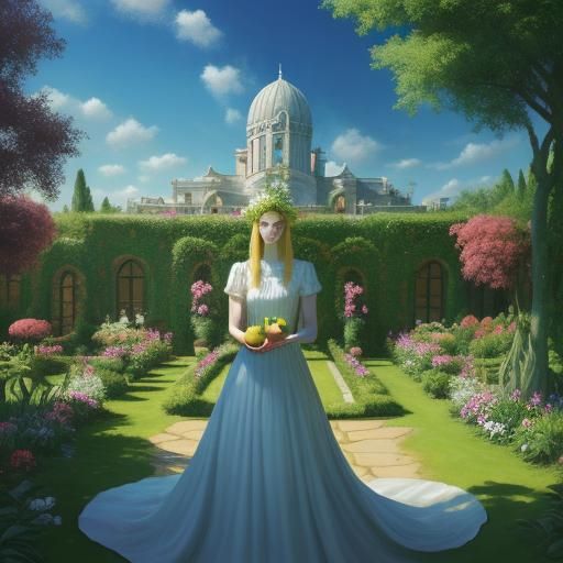 Surreal Woman in Garden with Apple, Oil Painting