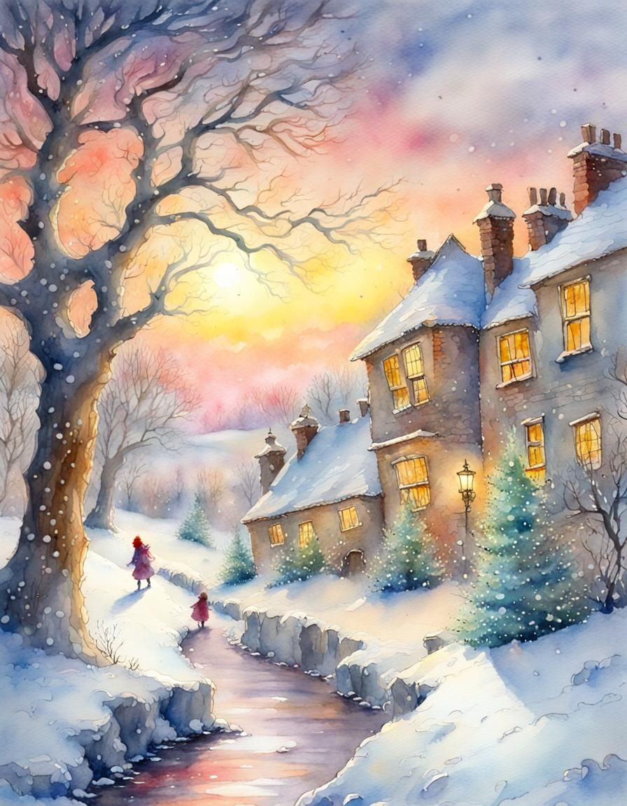 Christmas Winter Scene in Watercolor Style