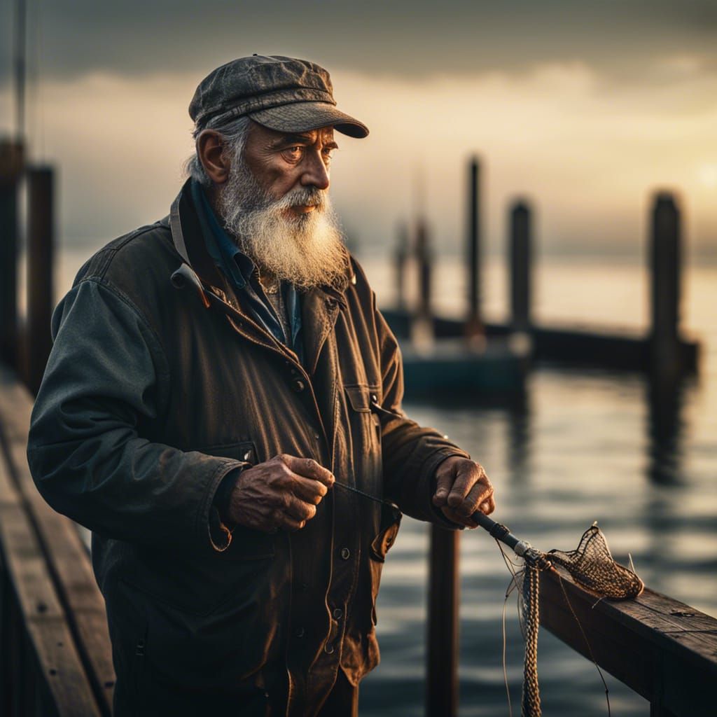 Hyper-Realistic Fisherman at Sunset, Cinematic Masterpiece