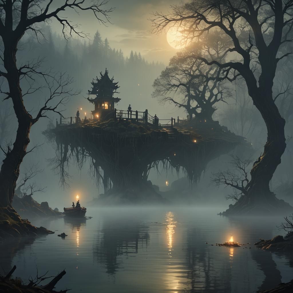 Glowing Lights Connect Lakes: Dark Fantasy Art