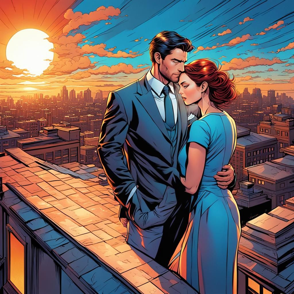 Romantic Couple Embrace in Comic Book Style
