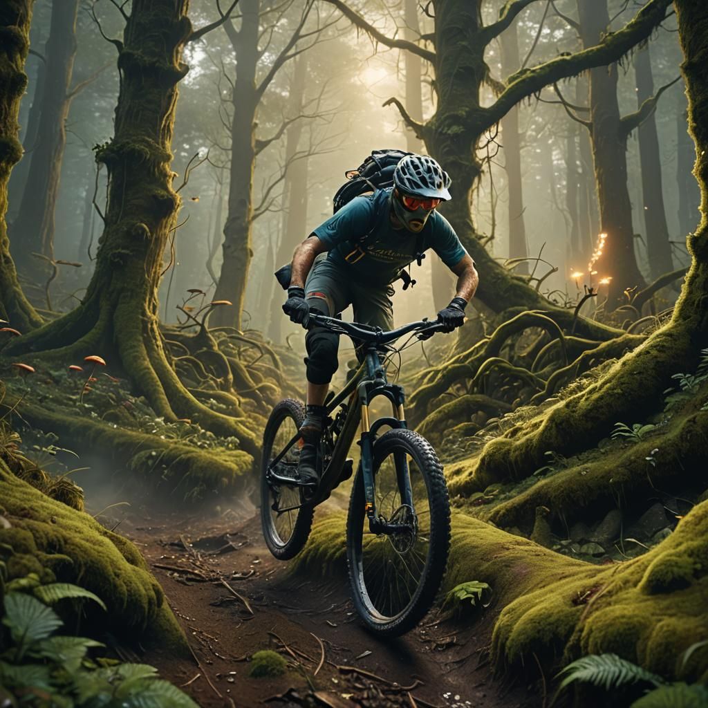 Mountain Bike Racing Through Ethereal Forest
