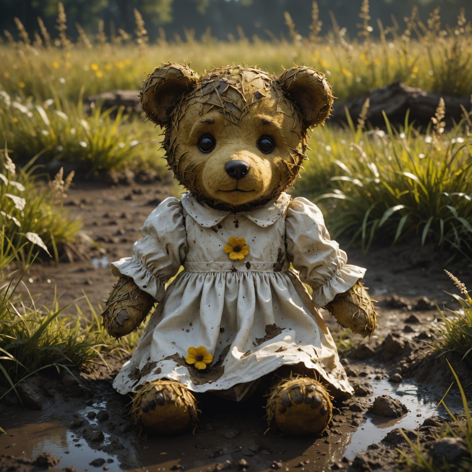 Forgotten Muddy Teddy Bear in Grassy Field