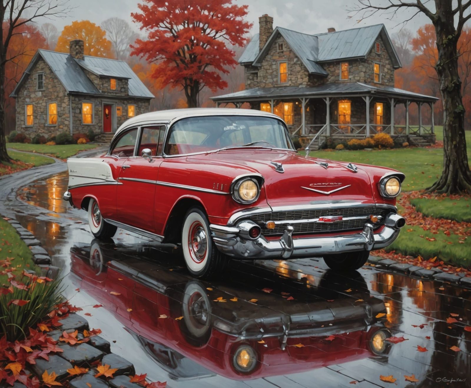 Rustic Country Road Scene with 1957 Chevrolet Bel Air