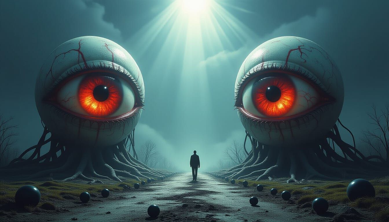 Surreal Nightmarish Surveillance Landscape with Giant Eyebal...