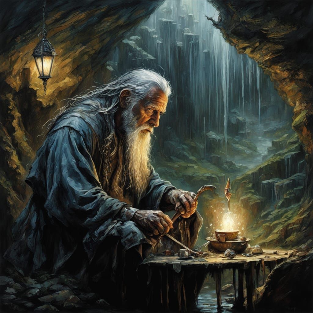 Mystical Wizard Seated in a Cave Room