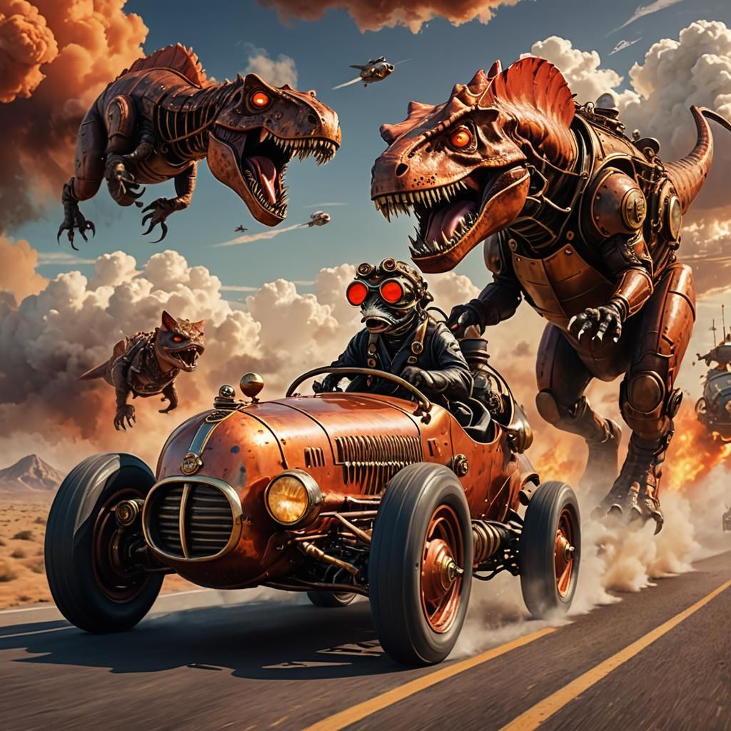 Steampunk Cat Races T-Rex in Retro Car